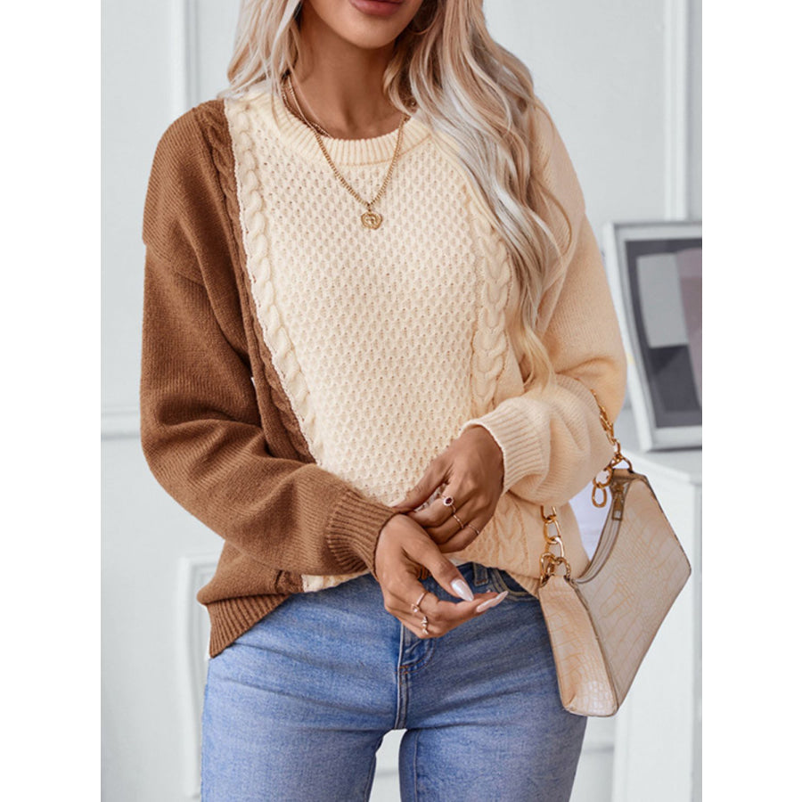 Two Tone Cable Knit Round Neck Long Sleeve Sweater Apparel and Accessories