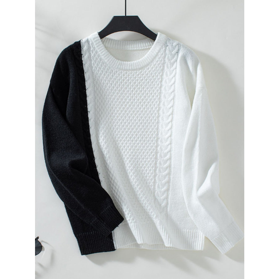 Two Tone Cable Knit Round Neck Long Sleeve Sweater Black / S Apparel and Accessories