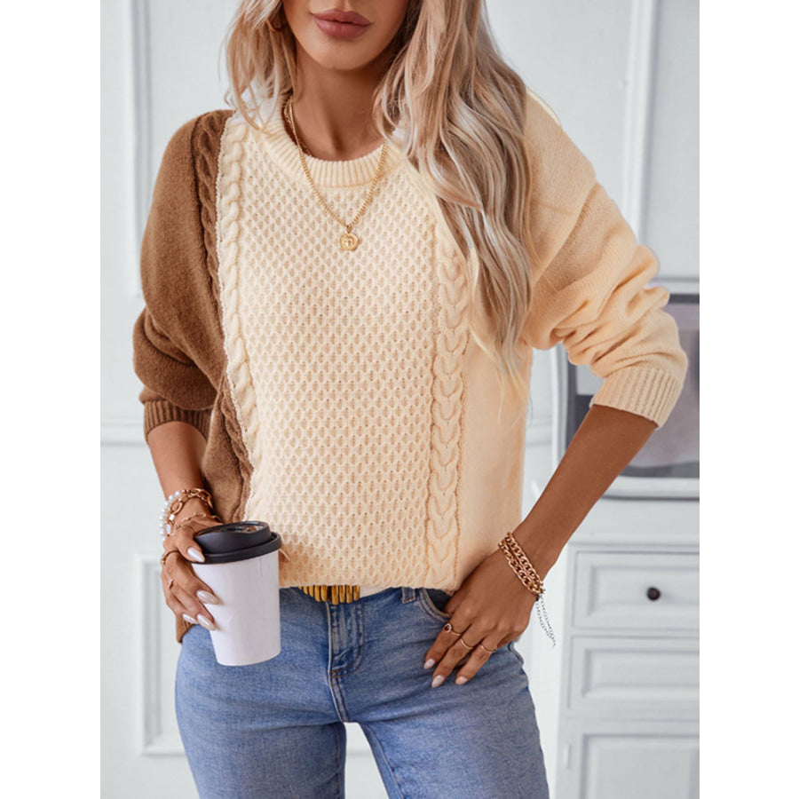 Two Tone Cable Knit Round Neck Long Sleeve Sweater Caramel / S Apparel and Accessories