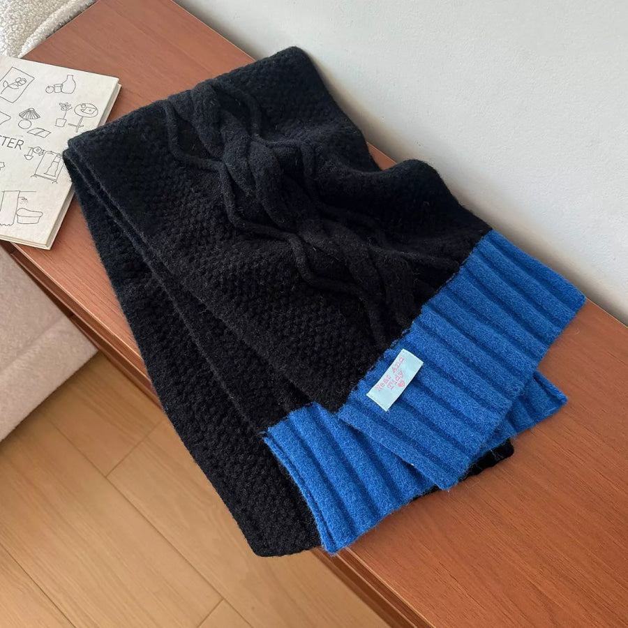 Two-Tone Cable Knitted Scarf Black / One Size Apparel and Accessories