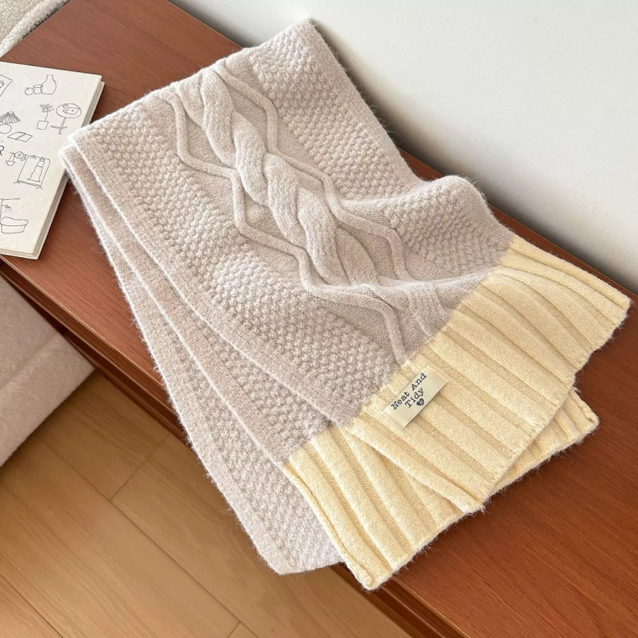 Two-Tone Cable Knitted Scarf Khaki / One Size Apparel and Accessories
