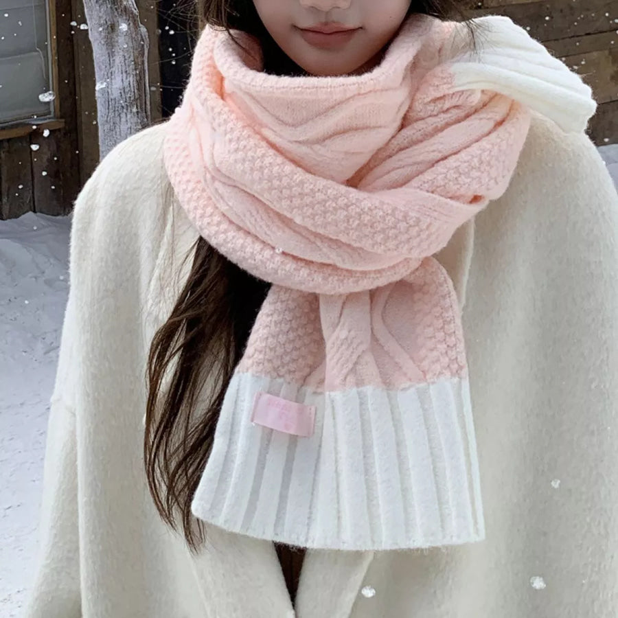 Two-Tone Cable Knitted Scarf Pink / One Size Apparel and Accessories