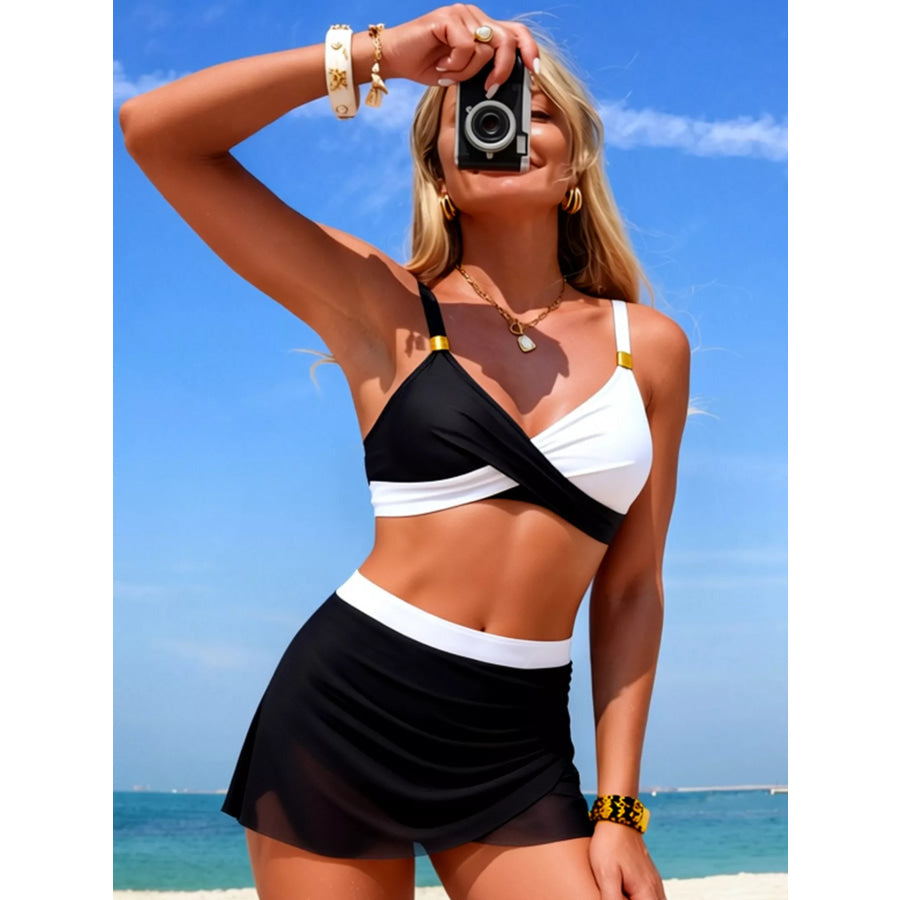 Two Tone Cami and Skort Swim Set Black + white / S Apparel and Accessories