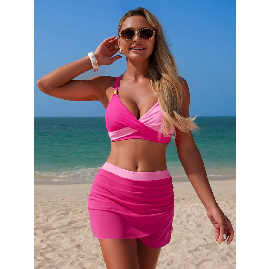 Two Tone Cami and Skort Swim Set Rose Red + Pink / S Apparel and Accessories