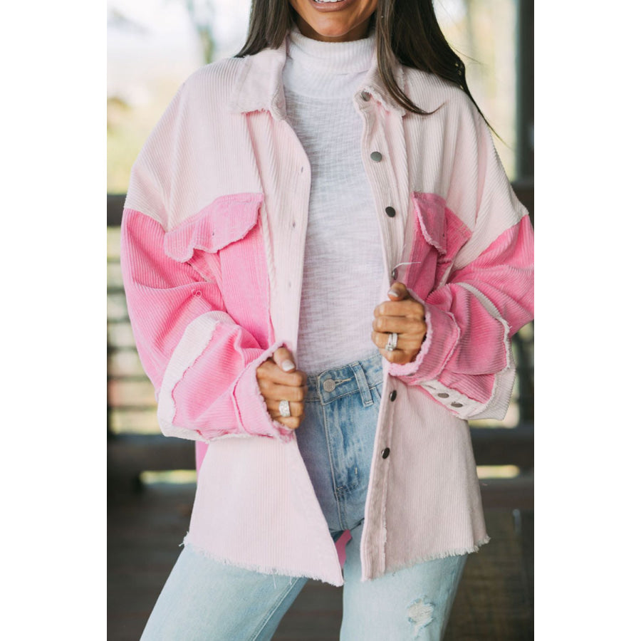 Two-tone Color Exposed Seam Corduroy Shacket Blush Pink / S Apparel and Accessories