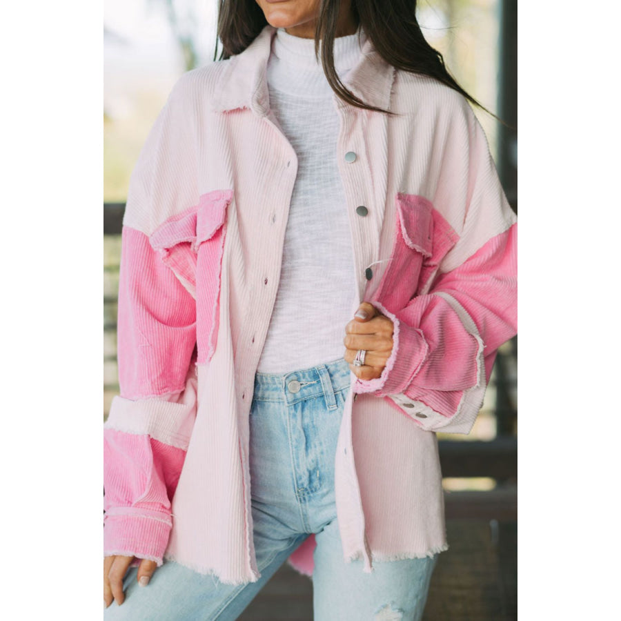 Two-tone Color Exposed Seam Corduroy Shacket Blush Pink / S Apparel and Accessories