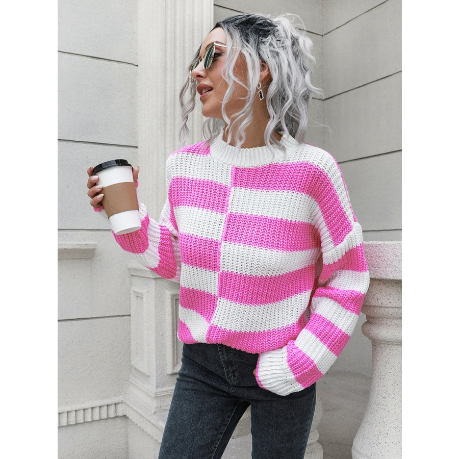 Two-Tone Dropped Shoulder Sweater Fuchsia Pink / S