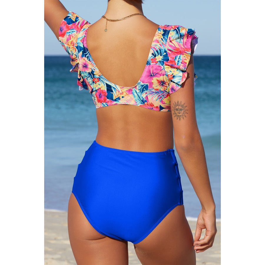 Two-Tone Flutter Sleeve Two-Piece Swimsuit Cobalt Blue / S