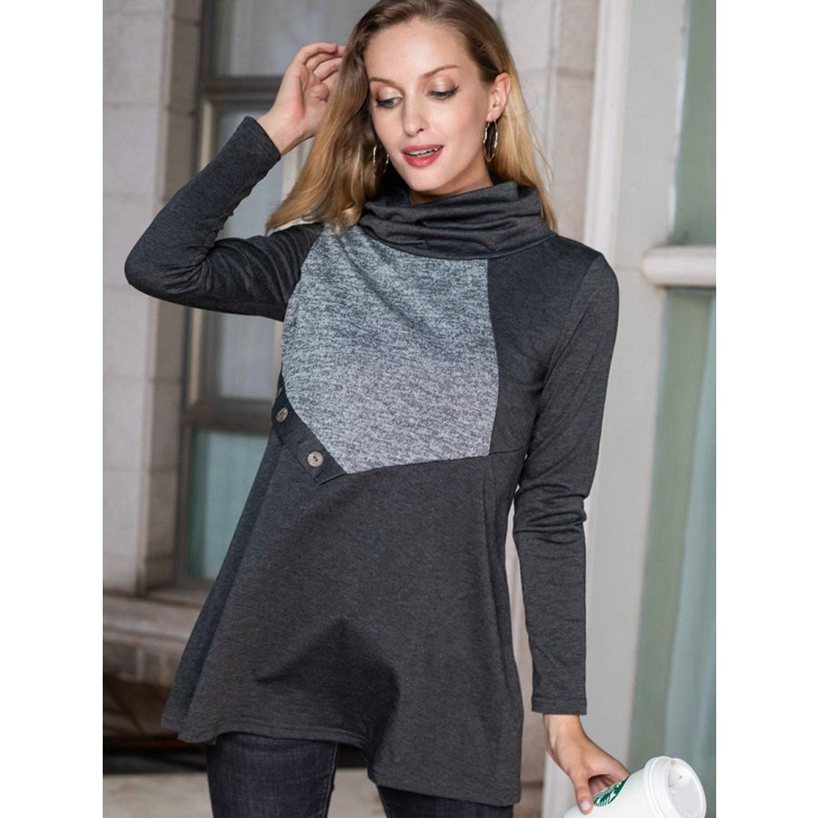 Two-Tone Funnel Neck Long Sleeve Top Charcoal / S