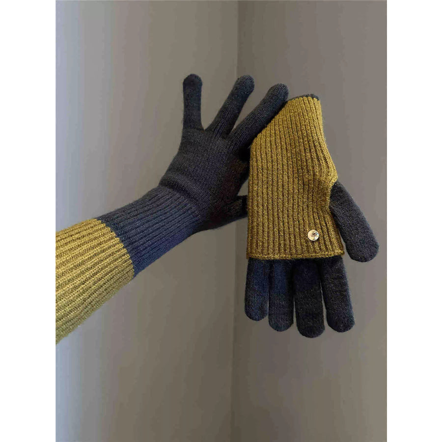 Two-Tone Knitted Gloves Dark Gray Yellow / ONESIZE Apparel and Accessories