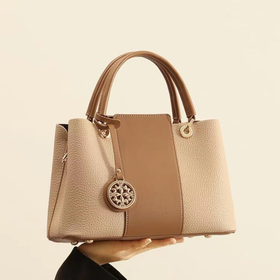 Two-Tone Leather Top Handle Handbag Khaki / One Size Apparel and Accessories
