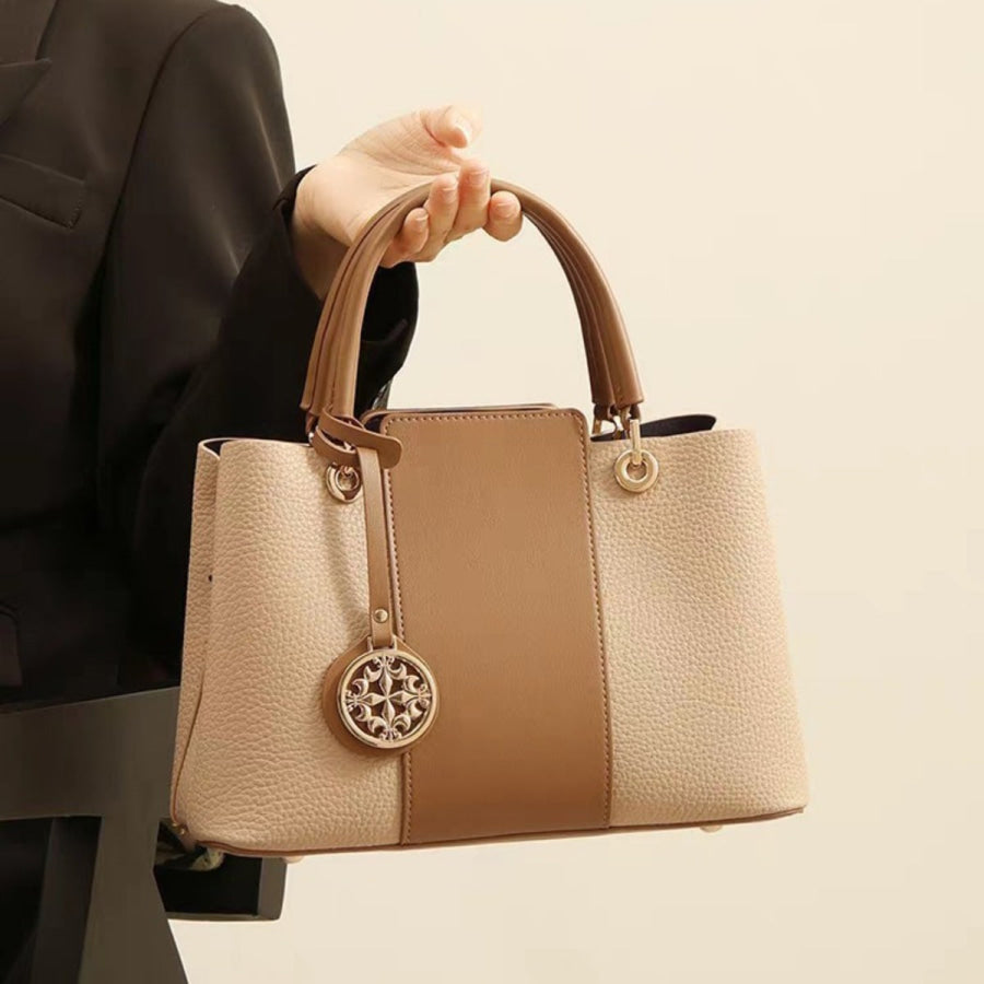 Two-Tone Leather Top Handle Handbag Khaki / One Size Apparel and Accessories