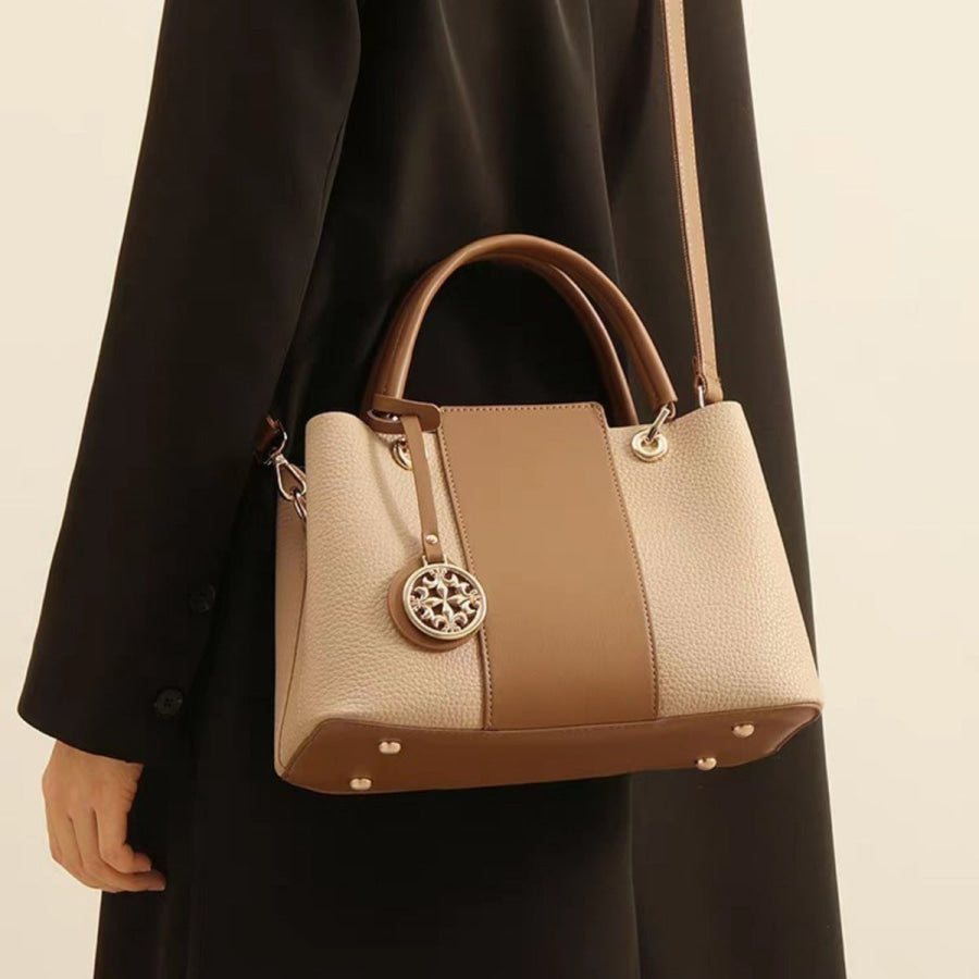 Two-Tone Leather Top Handle Handbag Khaki / One Size Apparel and Accessories