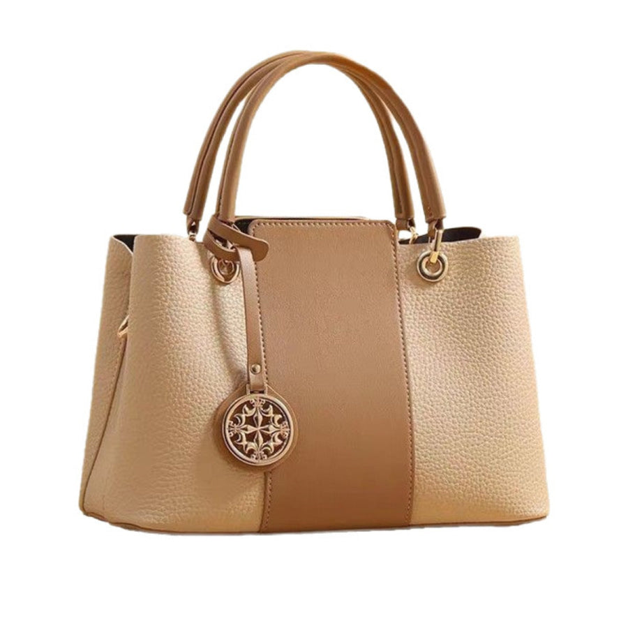 Two-Tone Leather Top Handle Handbag Khaki / One Size Apparel and Accessories