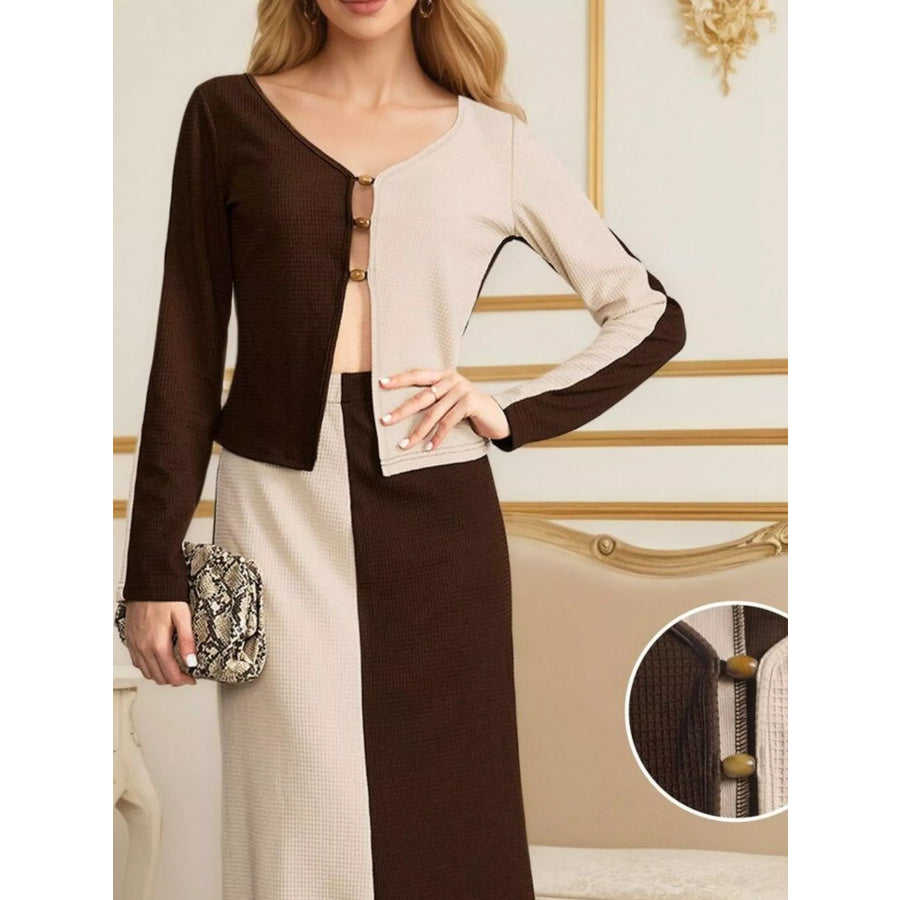 Two-Tone Long Sleeve Top and Maxi Skirt Set Apparel Accessories