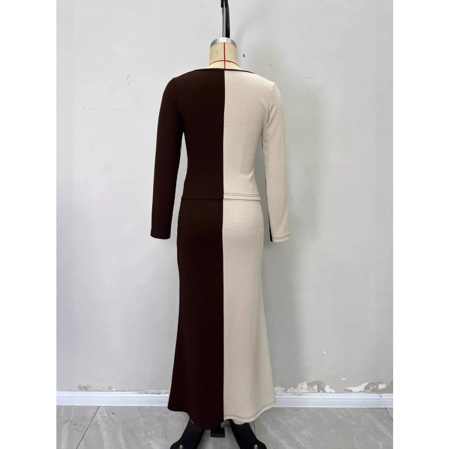 Two-Tone Long Sleeve Top and Maxi Skirt Set Apparel Accessories