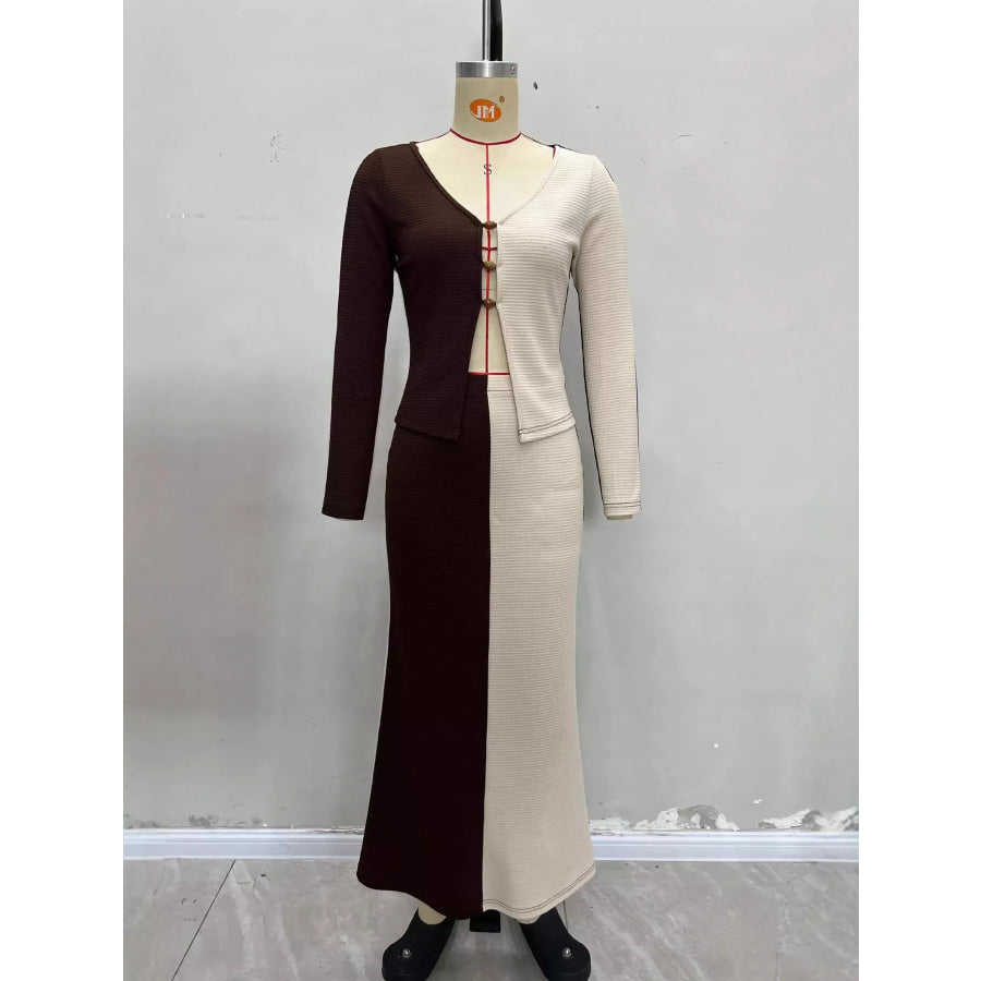 Two-Tone Long Sleeve Top and Maxi Skirt Set Apparel Accessories