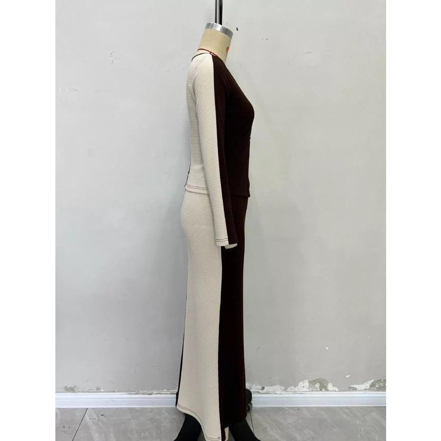 Two-Tone Long Sleeve Top and Maxi Skirt Set Apparel Accessories