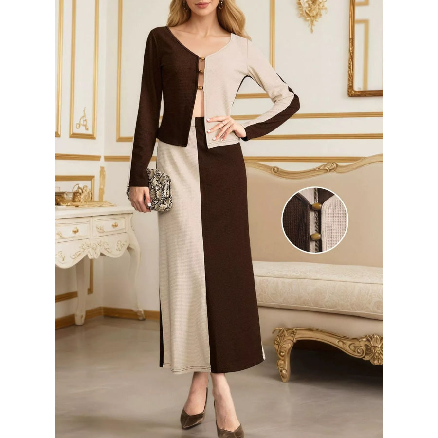 Two-Tone Long Sleeve Top and Maxi Skirt Set Apricot / S Apparel Accessories