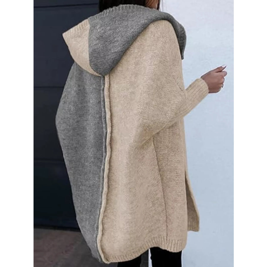 Two-Tone Open Front Knit Hooded Cardigan Apparel and Accessories