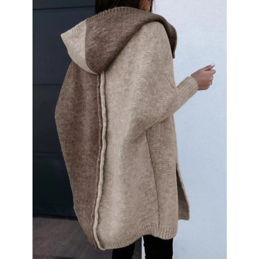 Two-Tone Open Front Knit Hooded Cardigan Apparel and Accessories
