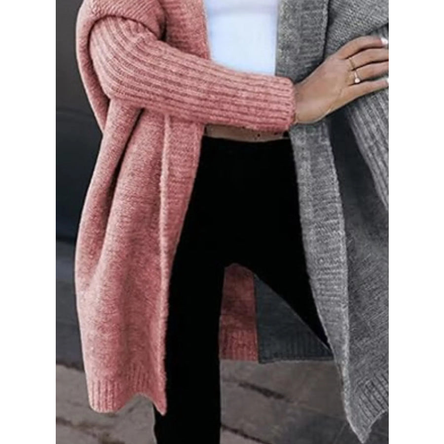 Two-Tone Open Front Knit Hooded Cardigan Apparel and Accessories