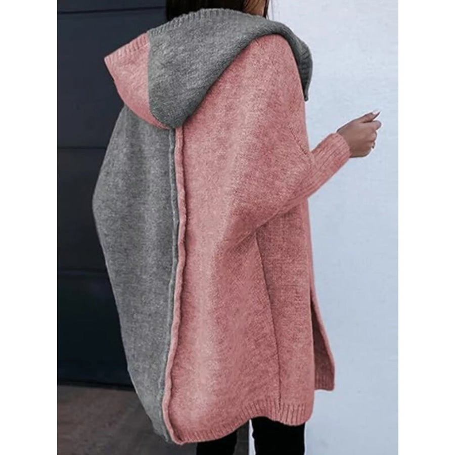 Two-Tone Open Front Knit Hooded Cardigan Apparel and Accessories