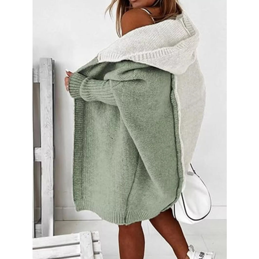 Two-Tone Open Front Knit Hooded Cardigan Apparel and Accessories