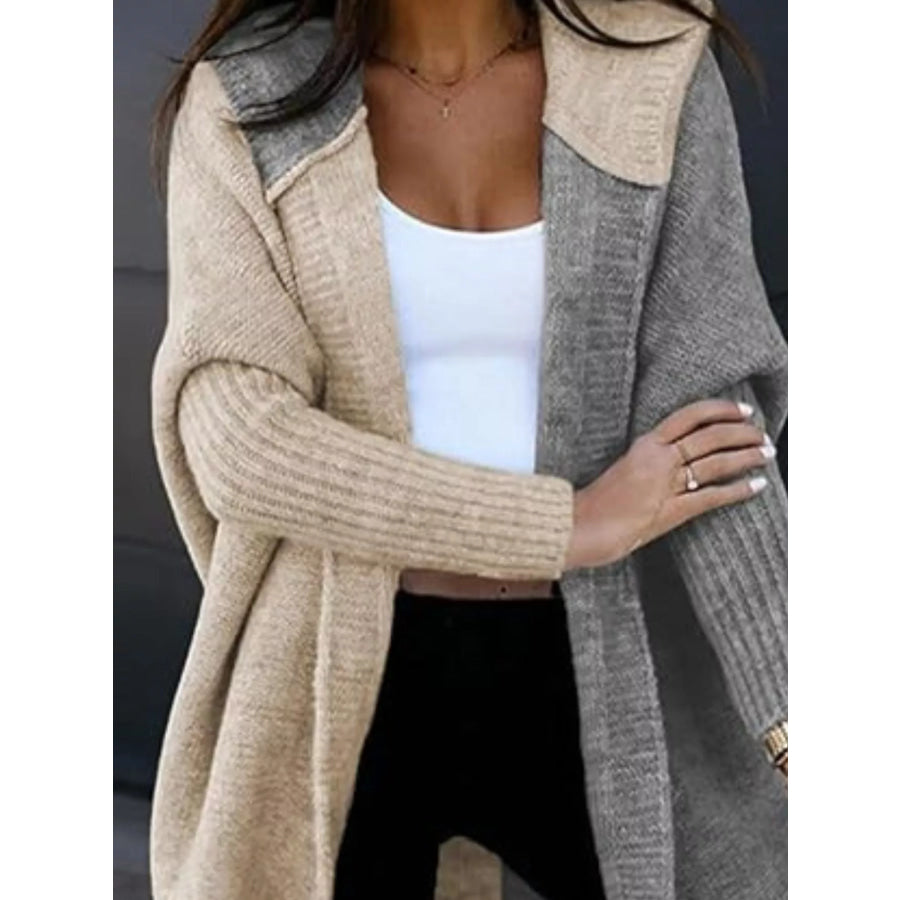 Two-Tone Open Front Knit Hooded Cardigan Apparel and Accessories