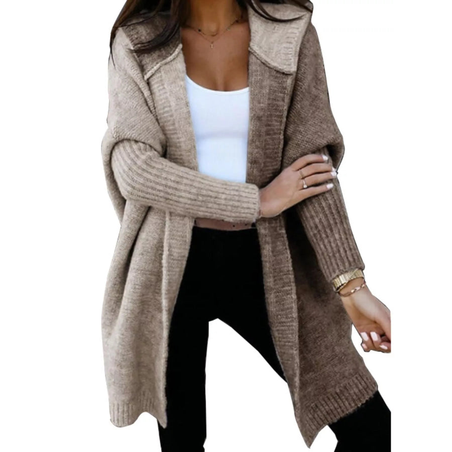 Two-Tone Open Front Knit Hooded Cardigan Camel / S Apparel and Accessories