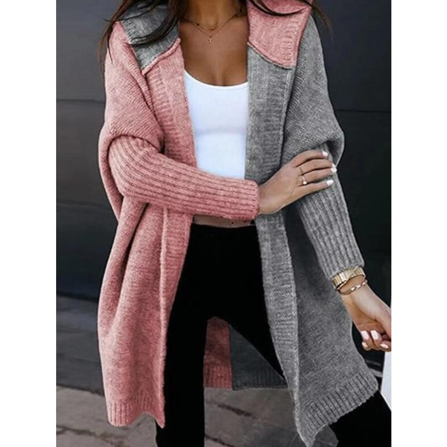 Two-Tone Open Front Knit Hooded Cardigan Dusty Pink / S Apparel and Accessories