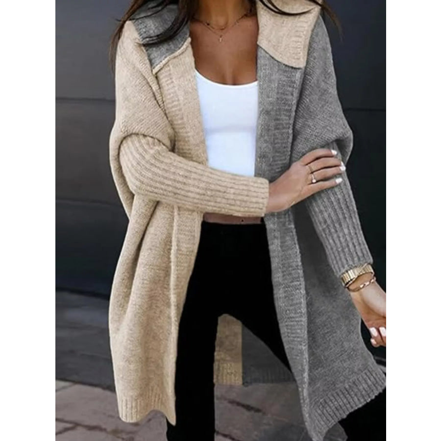 Two-Tone Open Front Knit Hooded Cardigan Gray / S Apparel and Accessories