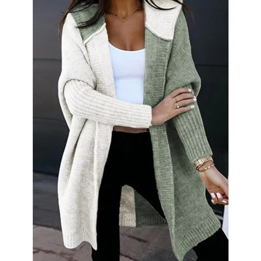 Two-Tone Open Front Knit Hooded Cardigan Matcha Green / S Apparel and Accessories