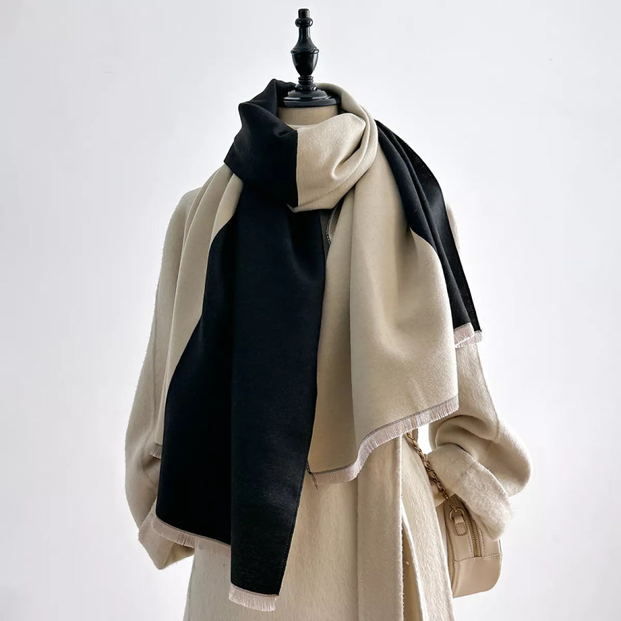 Two-Tone Raw Hem Scarf Black / One Size Apparel and Accessories