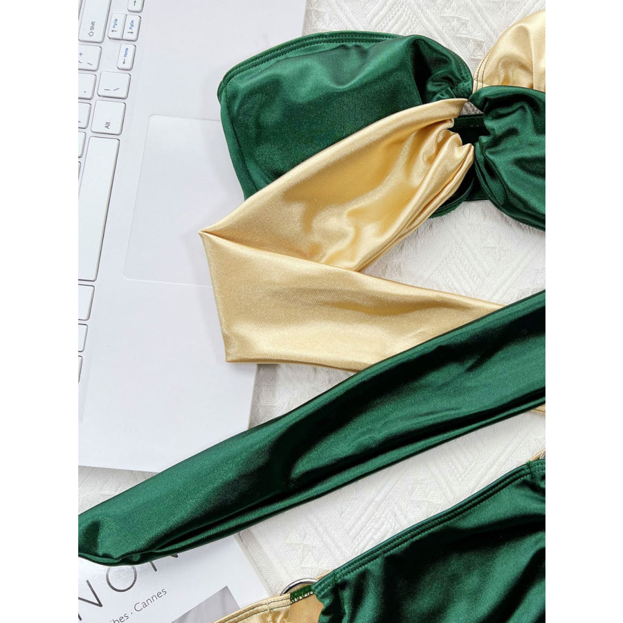 Two-Tone Ring Detail Tied Bikini Set Apparel and Accessories