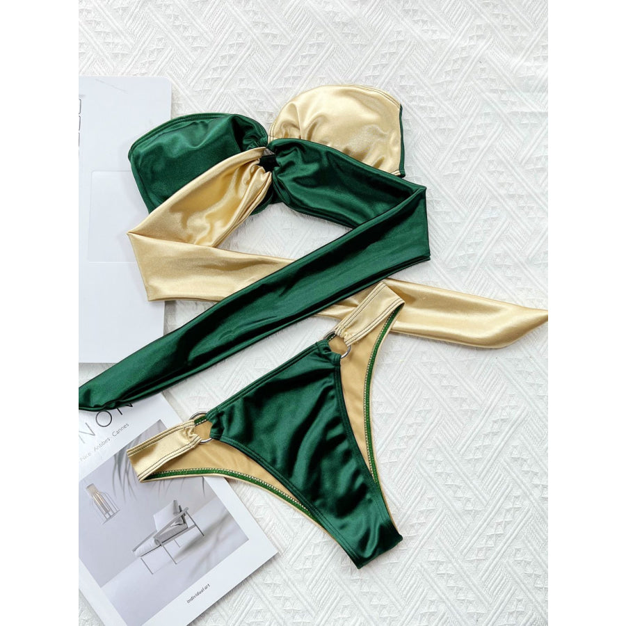 Two-Tone Ring Detail Tied Bikini Set Forest / S Apparel and Accessories