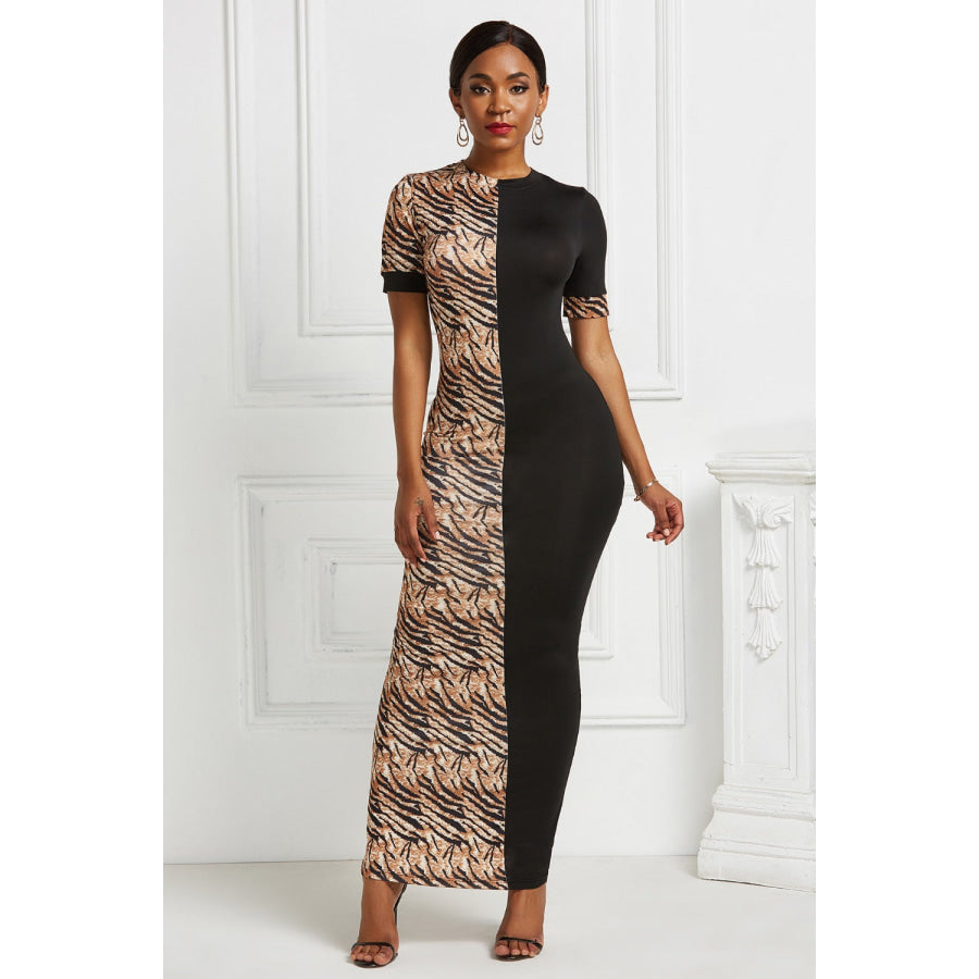 Two - Tone Round Neck Short Sleeve Maxi Dress Tiger / S Apparel and Accessories