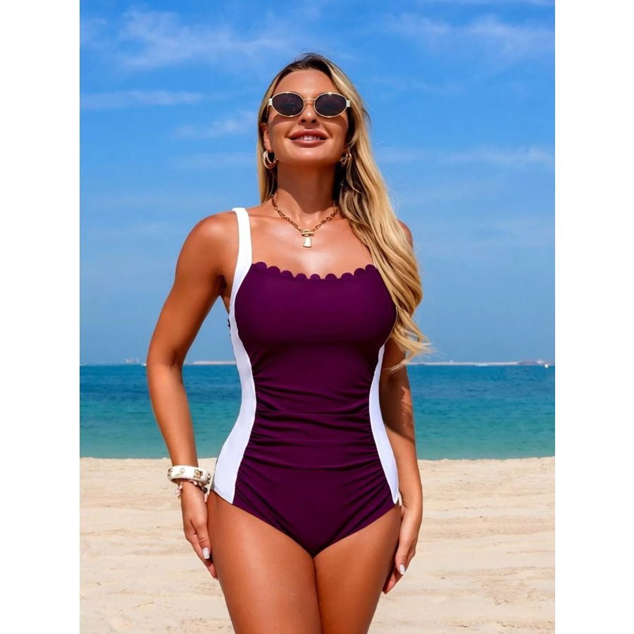 Two-Tone Ruched One-Piece Swimsuit Purple Red / S Apparel and Accessories