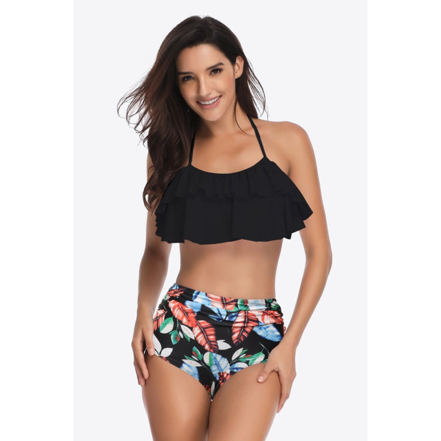 Two-Tone Ruffled Halter Neck Two-Piece Swimsuit Black / S