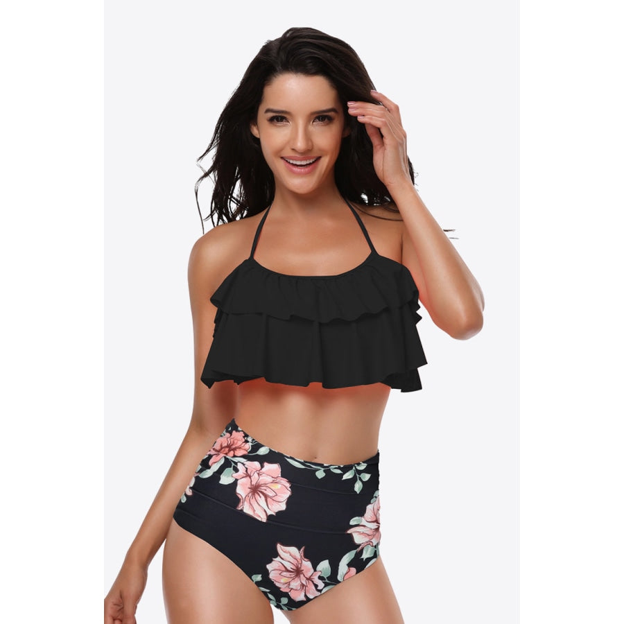 Two-Tone Ruffled Halter Neck Two-Piece Swimsuit Black/Floral / S