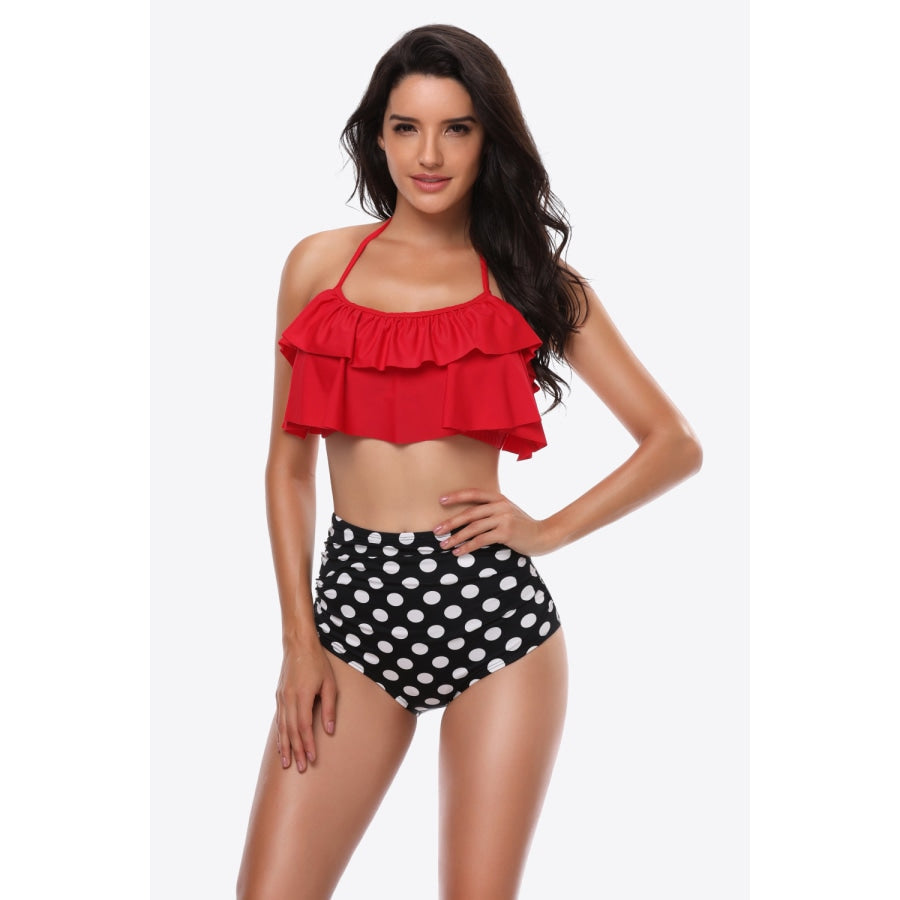 Two-Tone Ruffled Halter Neck Two-Piece Swimsuit Deep Red / S