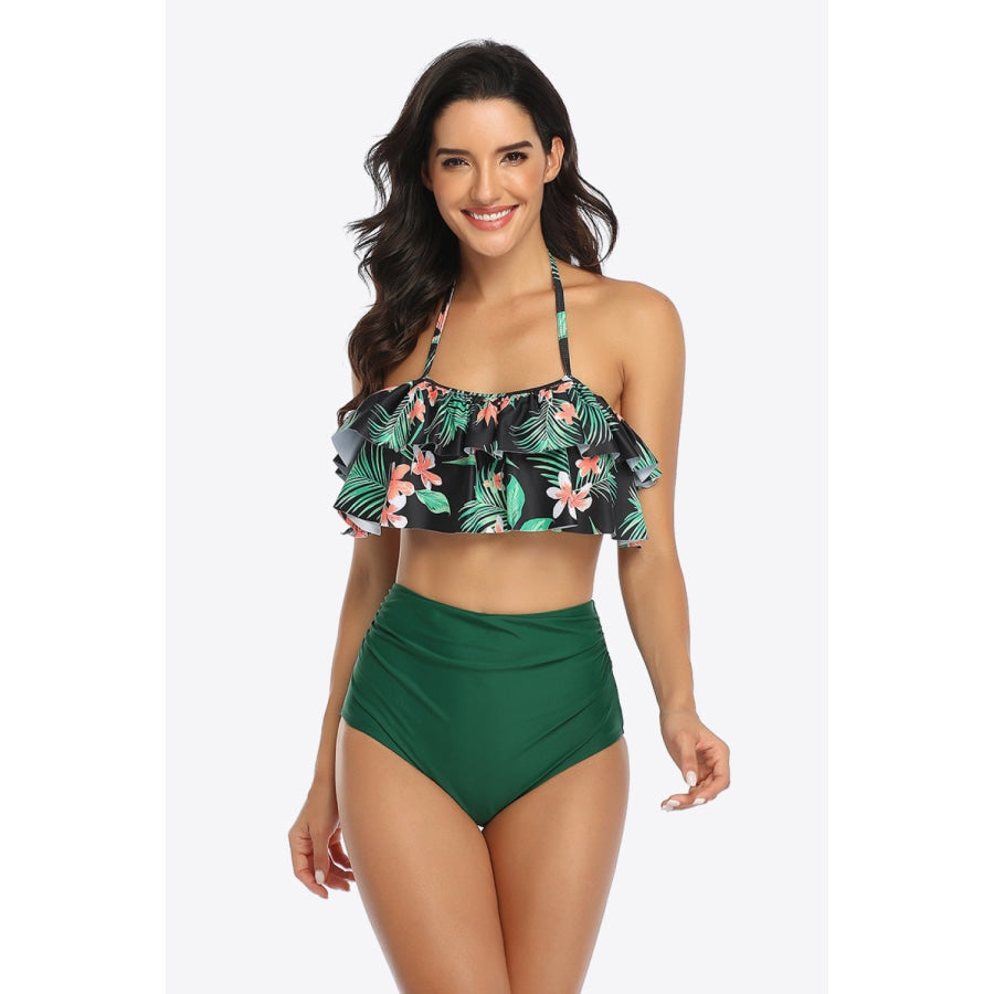 Two-Tone Ruffled Halter Neck Two-Piece Swimsuit Forest / S