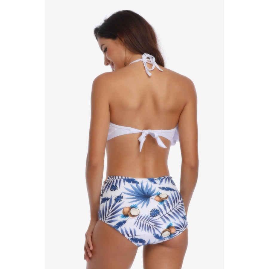 Two-Tone Ruffled Halter Neck Two-Piece Swimsuit