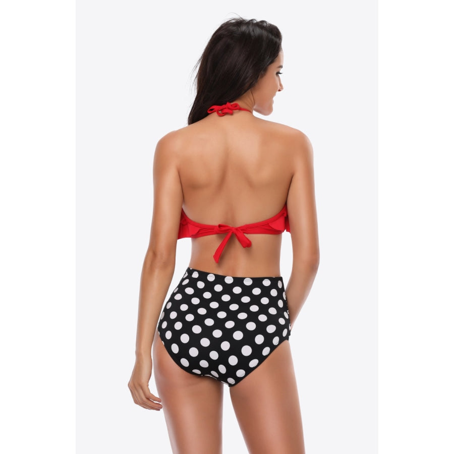 Two-Tone Ruffled Halter Neck Two-Piece Swimsuit
