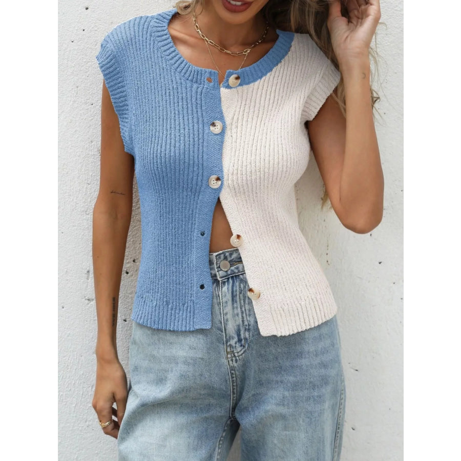 Two-Tone Sleeveless Knit Cardigan Apparel and Accessories