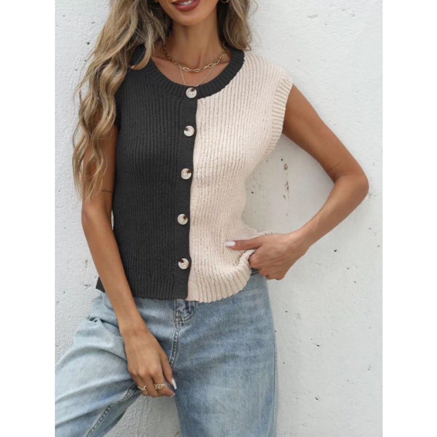 Two-Tone Sleeveless Knit Cardigan Apparel and Accessories