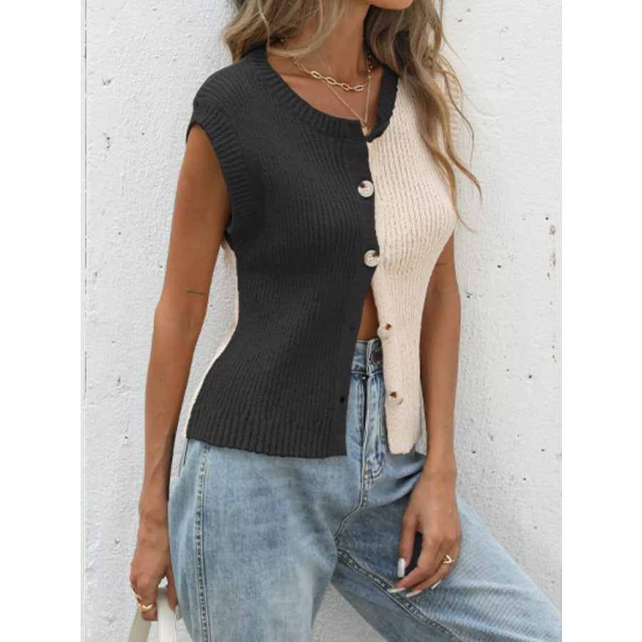 Two-Tone Sleeveless Knit Cardigan Black / S Apparel and Accessories