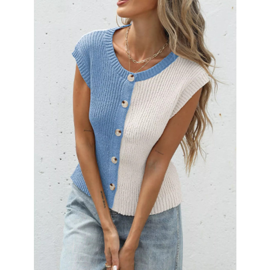 Two-Tone Sleeveless Knit Cardigan Blue / S Apparel and Accessories