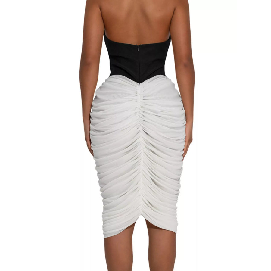 Two-Tone Sleeveless Ruched Midi Dress Apparel and Accessories