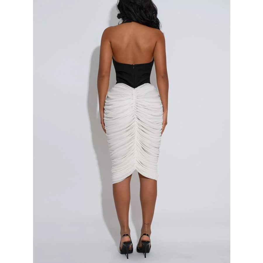 Two-Tone Sleeveless Ruched Midi Dress Apparel and Accessories